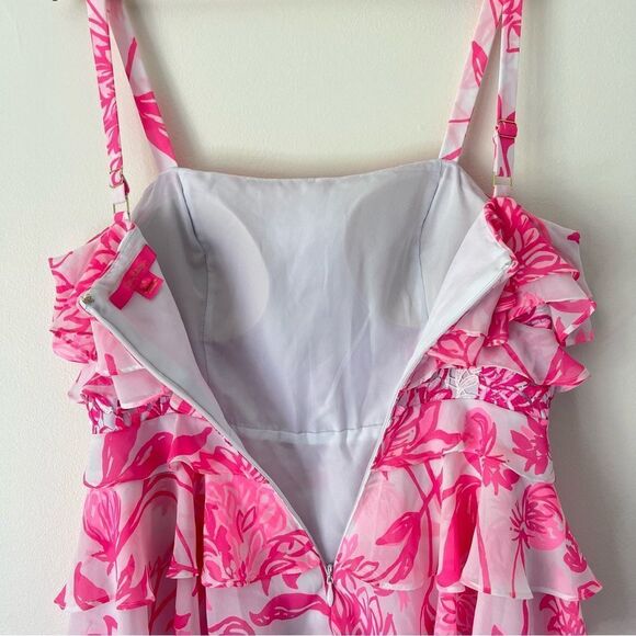 Lilly Pulitzer Olive Ruffle Tiered Top Size 8 Pink Floral Sleeveless - Picture 7 of 9